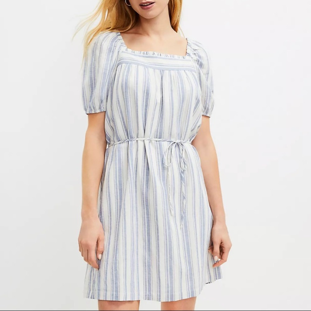 NWT Loft blue and white striped square neck shift dress with tie